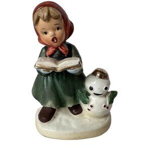 Napco Girl with Snowman Caroling Sing Japan X 8366 Figurine Christmas Vintage